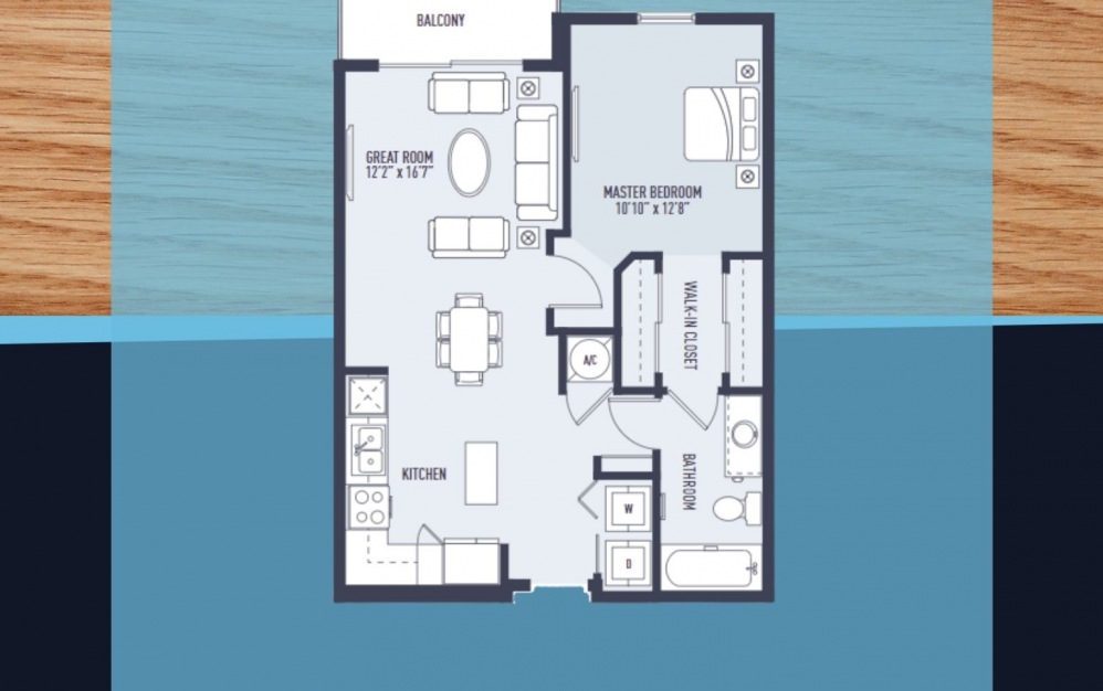 Antigua - 1 bedroom floorplan layout with 1 bath and 758 square feet.