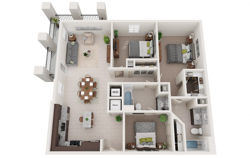 Barbados - 3 bedroom floorplan layout with 2 baths and 1187 square feet.