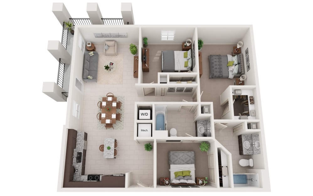 Barbados - 3 bedroom floorplan layout with 2 bathrooms and 1187 square feet