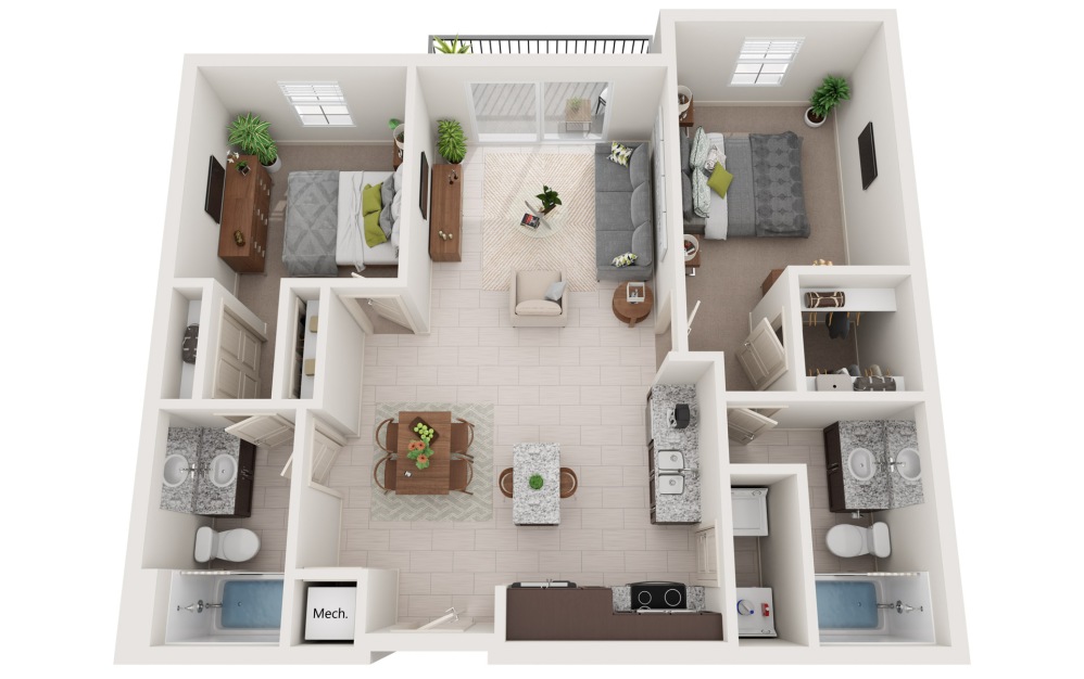 Bermuda - 2 bedroom floorplan layout with 2 bathrooms and 1115 square feet