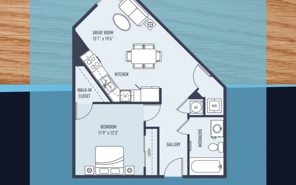 Bimini - 1 bedroom floorplan layout with 1 bath and 704 square feet.