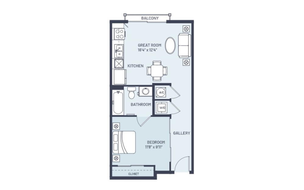 Andros - 1 bedroom floorplan layout with 1 bath and 541 square feet.